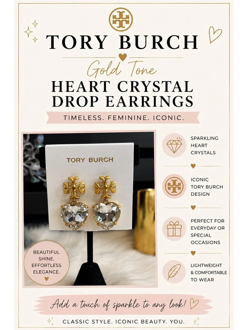 Tory Burch Gold Tone Heart Crystal Drop Earrings